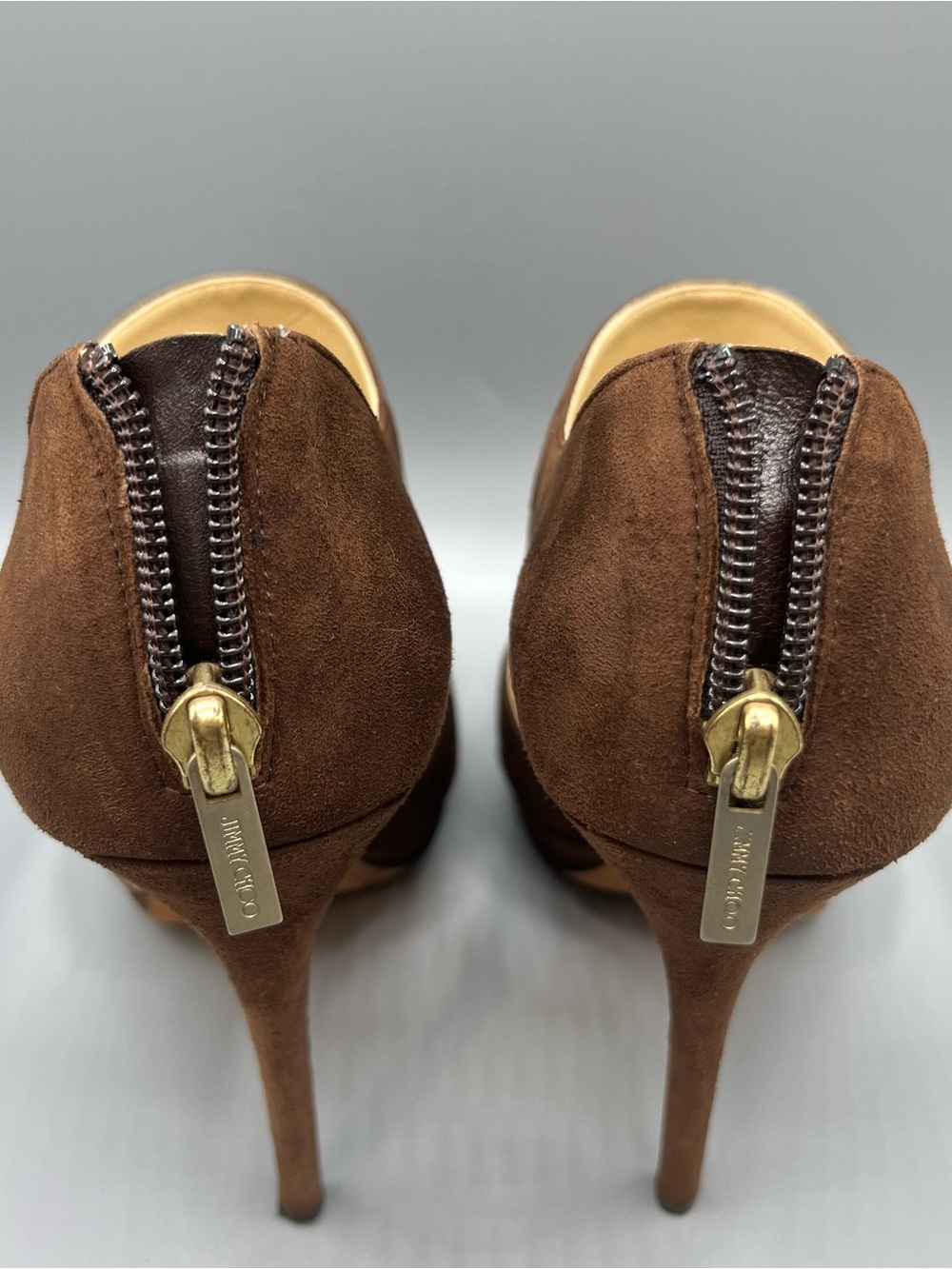 Jimmy Choo London Brown Suede Peep Toe Platform Heels Women EU 39.5 Italy 9.5 US - Picture 7 of 16